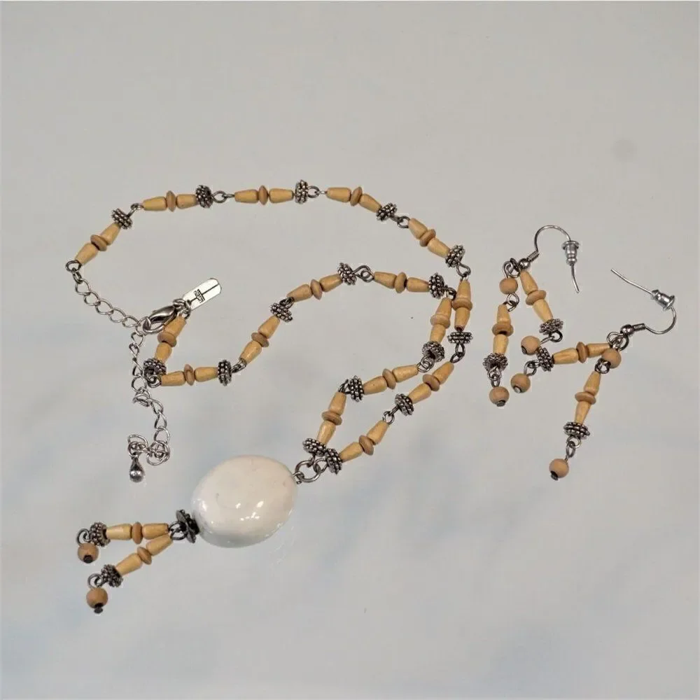 Boho Festival Necklace Earring Set Wood Silver Beads Christina Collection